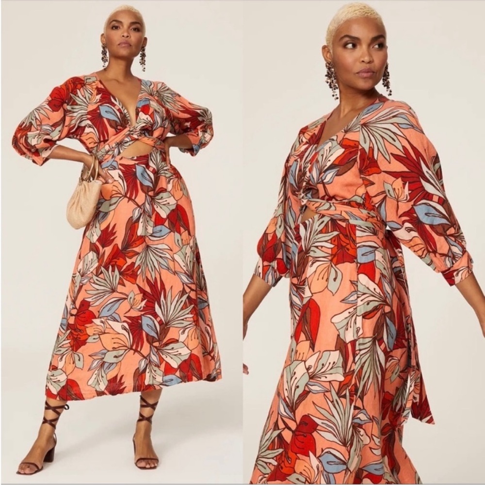 Nicholas Asilah Printed Linen Cutout Tie Front 3/4 Puff Sleeve Midi Dress Sz 6